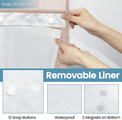 Blush Pink No Hook Shower Curtain with Snap in Liner,230GSM Waffle Weave Shower Curtains for Bathroom,71W x 74H