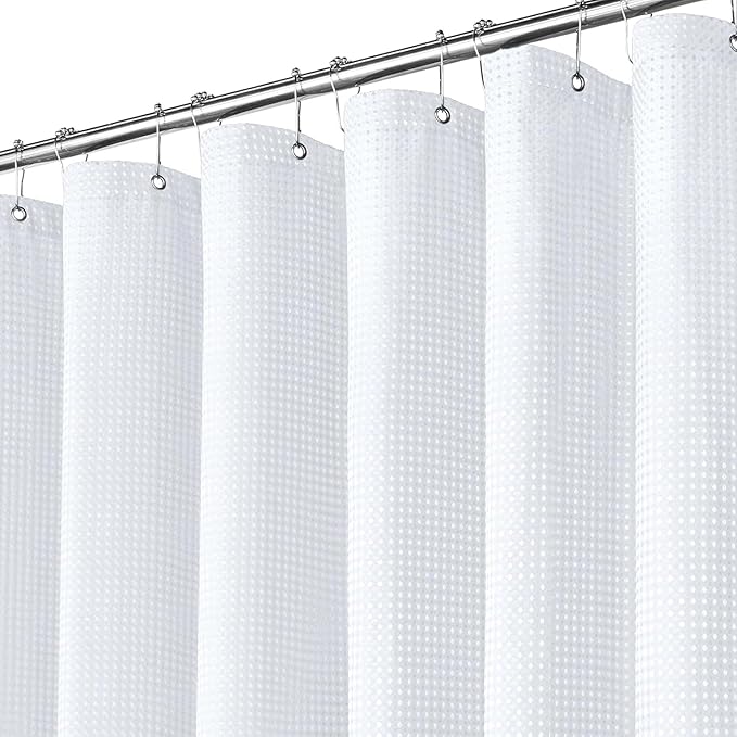 Inhousolu Fabric Shower Curtain Waffle Weave, 230 GSM Heavy Duty, Weighted Hem, 12 Metal Hooks, Water Repellent, Machine Washable, Hotel Spa Luxury Bath Curtain Set, 54 x 78 Inch, White