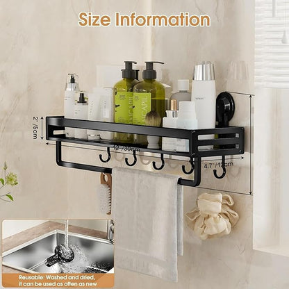 Shower Caddy Suction Cup, 11.8 inch Suction Shower Shelf with Hooks NO-Drilling Bathroom Holder, Rustproof Bathroom Organizer, Black
