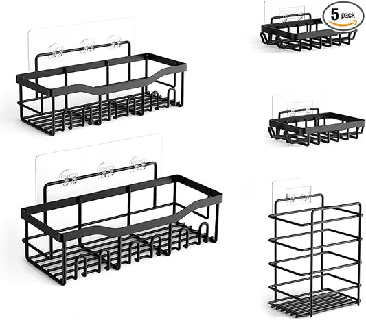 Fab Glass and Mirror 5-Pack Shower Caddy, Black - Shower Organizer & Shelves for Efficient Storage, Bathroom Caddy for Wall Organizer, Durable Wall Caddy