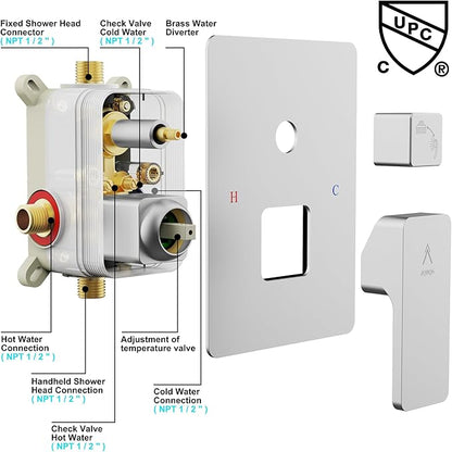 Shower System Modern Rain Brass Faucet Set With Valve and Diverter Shower Mixer With Handheld High Pressure Square Rainfall Shower Valve (12'' Wall Mount, Chrome Polished)