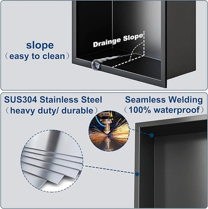 Neodrain Shower Niche Insert Tile Ready Recessed Bathroom Cabinet(Inner Size 12" X 12"), Waterproof Stainless Steel Wall Niche Shelf No Tiled Needed for Shower Storage, Matte Black