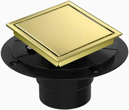 4 Inch Square Shower Floor Drain, Shower Drain Kit with Flange and 2 in 1 Tile-Insert Cover, Square Shower Drain, SUS 304 Stainless Steel Floor Drain,Brushed Gold