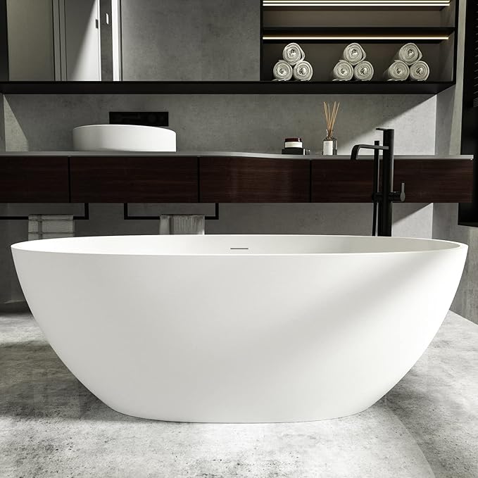 Cpingao 59" Freestanding Bathtub, Oval Shaped Stone Resin Freestanding Tubs, Solid Surface Matte White Soaking Tub with Overflow and Pop-up Drain 8801-1500