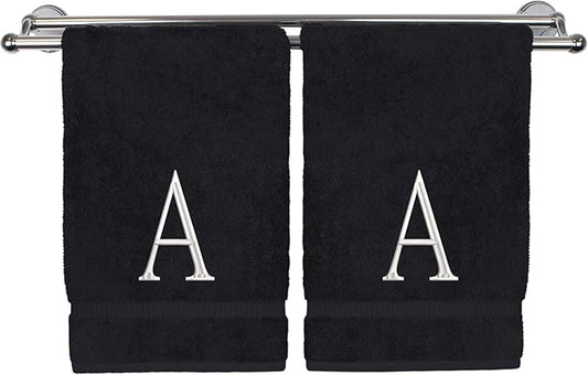 Monogrammed Hand Towel, Personalized Initial Gift, Extra Absorbent 100% Turkish Cotton - Soft Terry Finish - Set of 2 - White Block Initial A - Embroidered on Black Towels