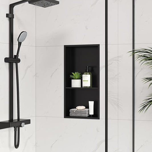 Neodrain No Tile Shower Niche, Stainless Steel Wall Cabinet 25.1"X13.1"(Inner Size 24"X12"), Two-Tier Bathroom Shelf, NO Tile Needed Recessed Niche Shower for Bathroom Storage, Matte Black