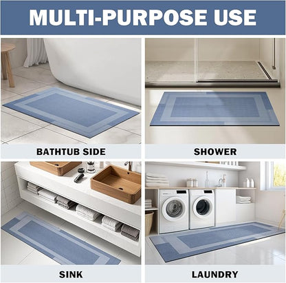 Non Slip Long Bathroom Runner Rug Bath Mat, Rubber Backing Ultra Thin Bathroom Rugs Fit Under Door Quick Dry Super Absorbent Washable Shower Mat for Bathtub Sink Floor, Blue 17"x59"