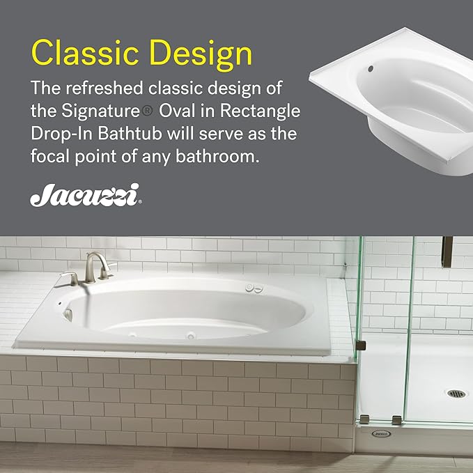 Jacuzzi SIGNATURE Acrylic Drop-In Bathtub, Soaking Sanctuary, Slip Resistant, Left Drain Placement, 72" (L) x 42" (W), Oval In Rectangle, 3-Tile Flange, White