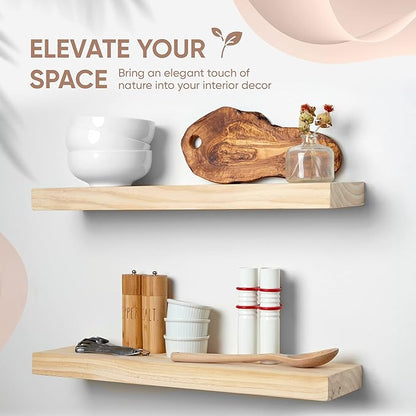 Homeforia 24 inch Wood Floating Shelves, High End Solid Natural Wood 24inch Floating Shelf for Wall, Unfinished Wooden 24 inches Floating Shelves, Heavy Duty Bracket, 24 X 6.5 X 1.75 in, Set of 2