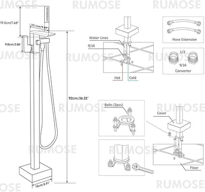 RUMOSE Oil Rubbed Bronze Bathtub Filler Freestanding Tub Filler Floor Mount Tub Faucet Waterfall Bathtub Faucet with CUPC Certified High Flow Brass Bath Shower Faucets with Handheld Sprayer