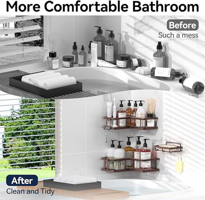 YASONIC Shower Caddy Corner, 3-Pack Adhesive Rustproof Stainless Steel Shower Shelves with Soap Holder, No Drilling Shower Organizer Corner for Dorm, Renters Bathroom, Bronze