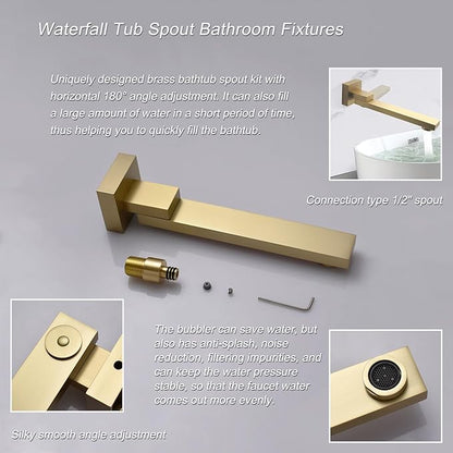 Shower Set Brushed Gold Thermostatic Shower System with Tub Spout, with 12 inch Ceiling Mount Shower Head and 6 PCS Body Jet, Handheld Spray