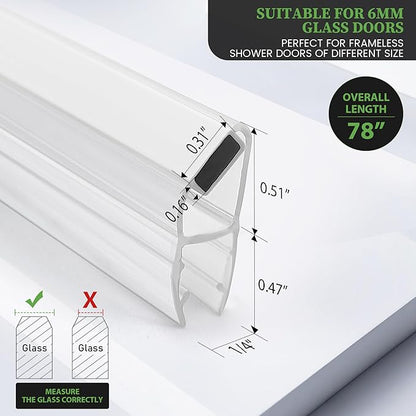 Bathroom Shower Glass Door Side Seal Strips, Length 78 Inch 2PCS Transparent PVC Door Side Seall Strips with Magnetic Stripe for 3/8" (10MM) Thick Framless Glass Panel