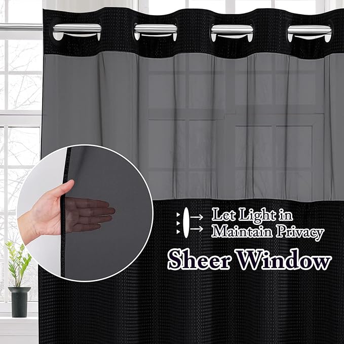 Gibelle No Hook Waffle Weave Shower Curtain with Snap-in Fabric Liner Set for Bathroom, Hotel Style with Mesh Top Window, Waterproof & Washable, Black, 72x74