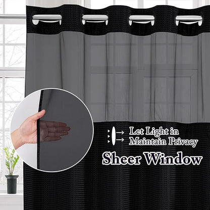 Gibelle No Hook Waffle Weave Shower Curtain with Snap-in Fabric Liner Set for Bathroom, Hotel Style with Mesh Top Window, Waterproof & Washable, Black, 72x74