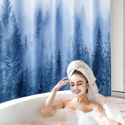 ORTIGIA Blue Shower Curtain for Bathroom, Misty Forest Nature Woodland Shower Curtain Set with Metal Hooks, Decorative Pine Tree Fog Magic Bath Curtain for Home, Waterproof Fabric, Weighted, 72x72
