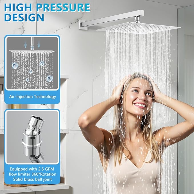 Square Rainfall Shower Head, High Pressure Flow with 304 Stainless Steel Made, Relaxed Shower Experience, Universal Ceiling or Wall Mount, 10inch Chrome