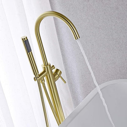 Freestanding Bathtub Faucet Tub Filler Brushed Gold Single Handle Floor Mounted Brass Faucets with Hand Shower