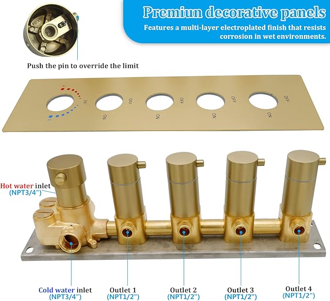 HOMEDEC 4 Way Shower Valve Rough-In and Trim Kit, 5 Handle Control Thermostatic Shower Mixing Valve with Diverter can Work at the Same Time, Brushed Gold