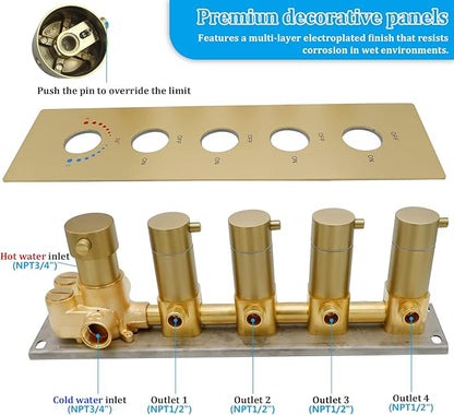 HOMEDEC 4 Way Shower Valve Rough-In and Trim Kit, 5 Handle Control Thermostatic Shower Mixing Valve with Diverter can Work at the Same Time, Brushed Gold