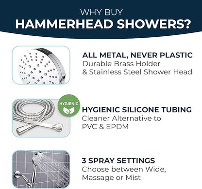 HammerHead Showers® Solid Metal 3-Spray Handheld Shower Head with Long Hose and Holder - CHROME - 2.5 GPM High Pressure Shower Head with Handheld Sprayer - WIDE, MASSAGE, and MIST Sprays