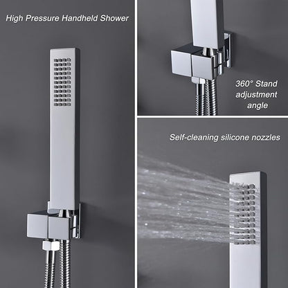 Rain Shower System Polished Chrome 3 Way Digital Display Shower Faucet System 12 Inch Ultra Thin Full Body Shower Head System with Handheld Shower and 4 PCS Body Jets