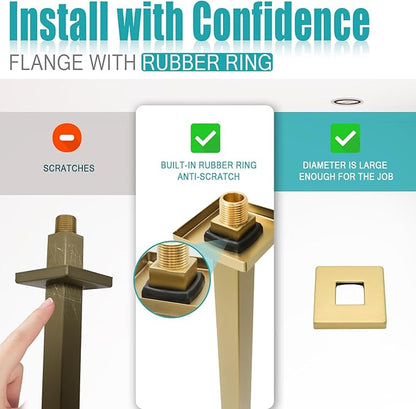 Brushed Gold Shower Arm with Flange and Teflon Tape for High Ceiling or Fixed Rain Showerhead, Universal Connection 16-inch Square Straight Shower Head Extender Extension Pipe, 304 Stainless Steel