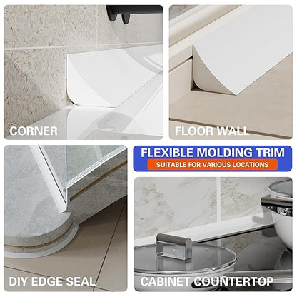Flexible Molding Trim, Flexible Bendable Adhesive Caulking Strip, Molded Trim, Peel and Stick Home Decorative Edge for Bathroom, Kitchen, Floor, Wall (White, 0.83in x 0.24in x 3.3ft)
