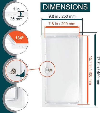 8" x 16" Lockable White Metal Access Door - Service Shaft Panel with Key for Plumbing, Electricity, Heating, Alarm & Bathroom Services