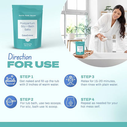 CaboCréme Postpartum Sitz + Bath Salts – 24oz – Postpartum Bath Soak for Perineal Care, Healing Tears, Swelling & Hemorrhoids – Dead Sea Salt with Magnesium, Arnica, Calendula + Cabbage Extract