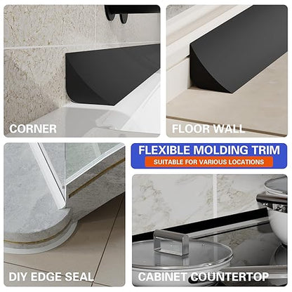 Flexible Molding Trim, Flexible Bendable Adhesive Caulking Strip, Molded Trim, Peel and Stick Home Decorative Edge for Bathroom, Kitchen, Floor, Wall (Black, 0.83in x 0.24in x 10ft)
