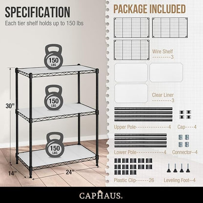 CAPHAUS NSF Black Adjustable 3-Tier Shelf Wire Shelving Unit w/Liner, Garage & Basement Storage Organizer, Metal Steel Shelves