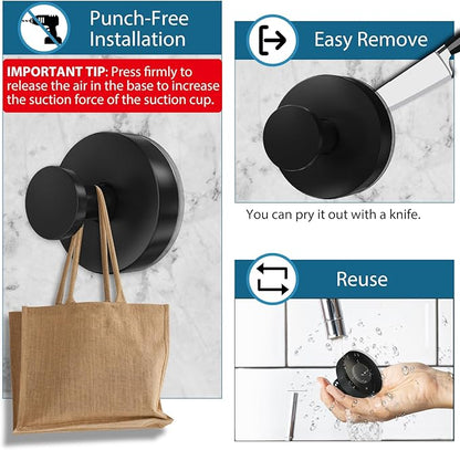 Suction Cup Hooks for Shower, 2 PCS No-Drill Towel Holder for Bathrooms Wall, Glass Door, Mirror, Tiles, Kitchen, Hold Robe & Wreath, Hanging up to 15 lbs – Waterproof & Rustproof, Matte-Black
