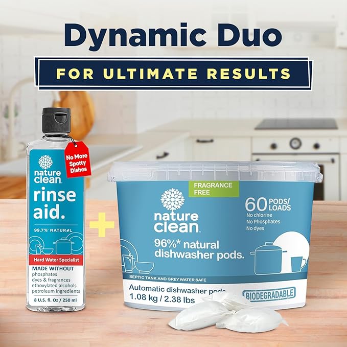 Nature Clean Natural Dishwasher Rinse Aid Liquid with 99.7% Plant-Based Ingredients, Unbelievable Power with No Nasty Chemicals. Dishwasher Drying Agent. Hard Water Stain Remover. 8 oz. (12 pack)