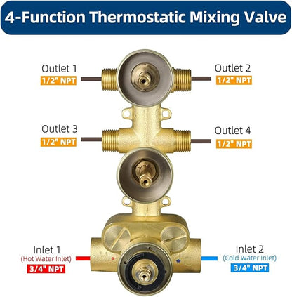Brass 4 Ways Shower Diverter Valve Brushed Gold, HOMEDEC Thermostatic 4 Outlets 3 Handles Control Shower Mixing Mixer Valve Trim Kit Replacement, 3/4inch Rough In