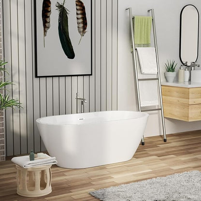 59" Acrylic Freestanding Bathtub - Mocoloo White Oval Shape Soaking Bath Tub with Stainless Drain and Overflow Assembly for Classic Modern Bathrooms