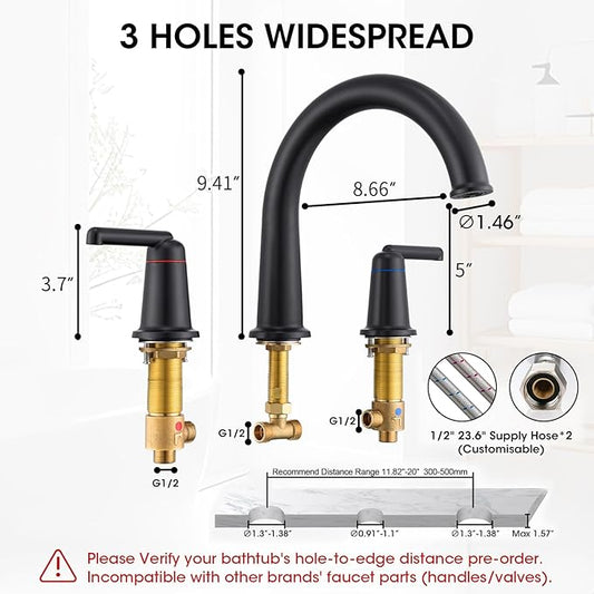 High Flow Roman Tub Faucet with Valve, Widespread Solid Brass 3 Hole Bathtub Faucet, 2 Handle Deck Mount Bath Tub Filler with Supply Water Hoses, Matte Black