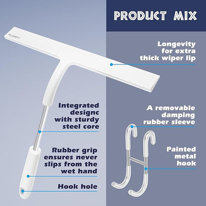 12 Inch Silicone Shower Squeegee for Glass Doors with Hook – Streak-Free Window Cleaner for Bathroom, Mirror, Tile & Car, No Scratch Squeegee with Metal Core