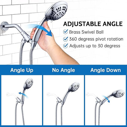 G-Promise High Pressure Shower Head 6 Spray Setting with Adjustable Solid Brass Shower Arm Mount and Extra Long Flexible Stainless Steel Hose (Chrome)