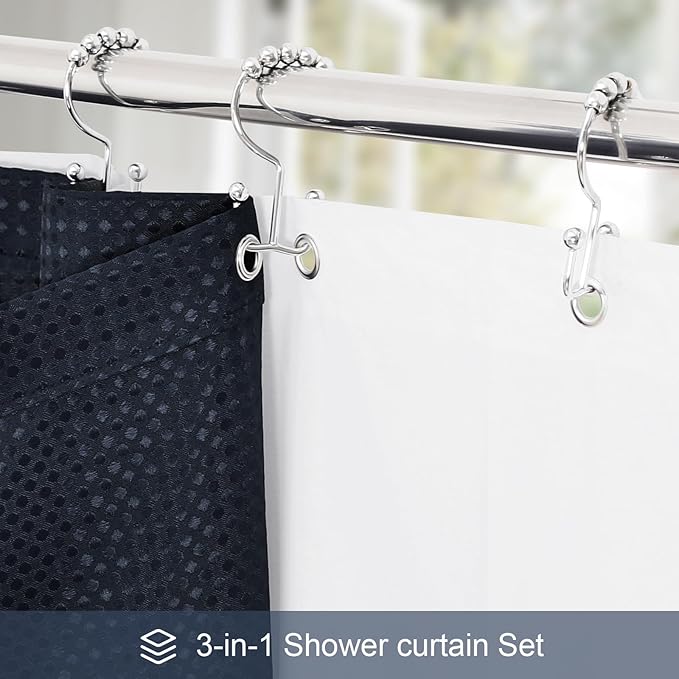 3 in 1 Stall Half Size Navy Blue Shower Curtain Set-36 W x 72 H, Modern Waffle Waterproof Fabric and PEVA Liner Set with Stainless Steel Hooks