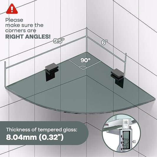 2-Pack Glass Shelf Shower Caddie, Shower Shelves for Inside Shower, Drilling Free Adhesive Wall Mounted Bathroom Organizer Shelves with Aluminium Brackets, Black