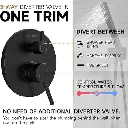 Lava Odoro Modern 3-Setting Round Rain Bathtub and Shower Faucet Set, Black Rainfall Shower Head and Handle Set, Rain Shower System with Tub Spout, Shower Valve Trim Kit, Matte Black, SF104-MB-T