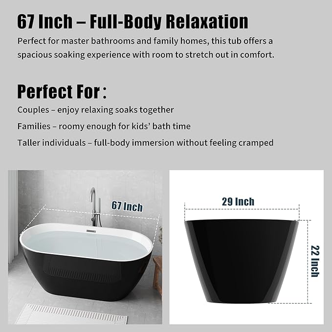 Freestanding Bathtubs 67 inch Acrylic Stand Alone Tub – Black Exterior White Interior, Chrome Drain, Deep Ergonomic Oval Soaking Tub, Modern Freestanding Tub for Bathroom, Family Use