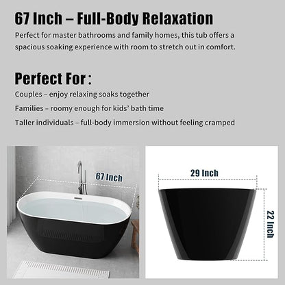 Freestanding Bathtub 67 Inch Acrylic Soaking Tub – Extra Large Free Standing Bath Tub with Integrated Overflow & Extendable Drain, Freestanding Bathtub Soaking Extra Large for Elegant Bathroom Design