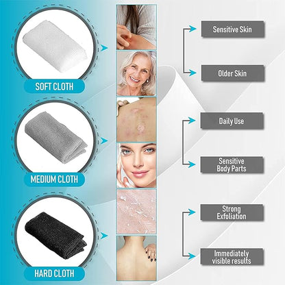 Hula Home Exfoliating Body Washcloth Variety Pack (3pc) - Soft, Medium & Hard - Nylon Body Scrub Cloth - Ideal Bath Shower Back Scrubber for Men & Women - Enhances Skin Beauty