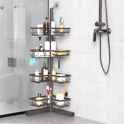 KEGII Floor Corner Shower Caddy Standing, Rustproof 4-Tier Shower Shelf Organizer with Hooks & Soap Holder, Free-Standing Bathroom Storage Rack for Shampoo & Toiletries, Bronze