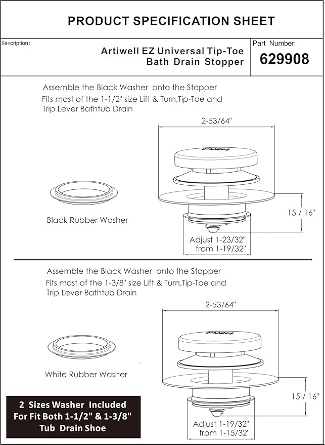 Artiwell Universal Tip Toe Bath Drain Stopper and Cover, Bathtub Drain Stopper, Replaces Lift and Turn, Tip-Toe and Trip Lever drains for Tub, EZ Installation and Clearing (Brushed Nickel)