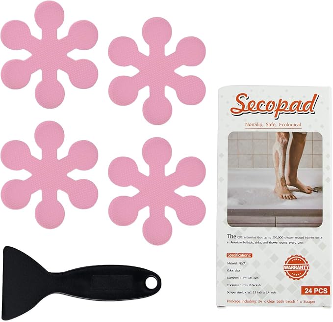 Bathtub Stickers Non-Slip, 24 PCS Safety Shower Treads Adhesive Appliques with Premium Scraper (Pink)