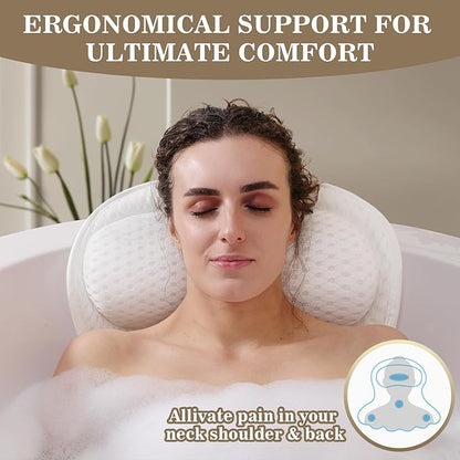 Bath Pillow Luxury Bathtub Pillow, Extra Soft & Comfortable Bath Pillows for Tub Head Neck and Back Support, with 4D Air Mesh Cushions & Non-Slip Suction Cups - Bath Accessories Spa Gifts for Women
