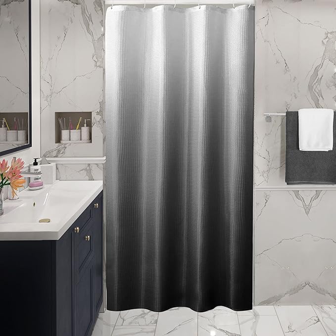 Gibelle Small Stall Shower Curtain 36 x 72, Narrow Half Black Ombre Shower Curtain for Bathroom, Waffle Weave Fabric Shower Curtain Set with Hooks, Water Repellent, Machine Washable